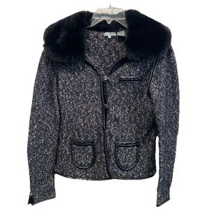 Twiggy sweater Jacket Black Tweed XL Button Up Faux Fur Detachable Collar Vtg